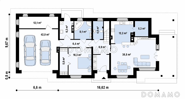 Проект красивого просторного двухэтажного коттеджа из кирпича с крытой террасой и гаражом / План 1 этажа