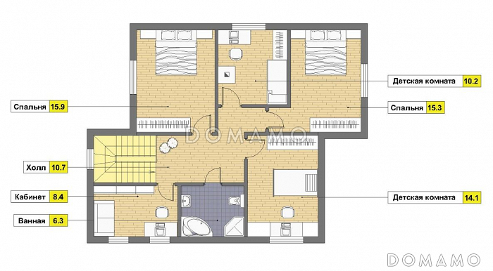 Проект двухэтажного дома из пеноблоков в стиле фахверк / План 2 этажа Проект двухэтажного дома из пеноблоков в стиле фахверк / План 2 этажа