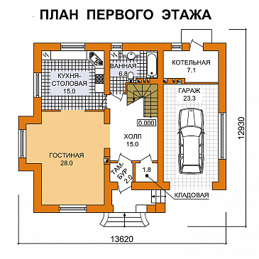 Проект двухэтажного дома из газобетона с гаражом на одну машину / План 1 этажа Проект двухэтажного дома из газобетона с гаражом на одну машину / План 1 этажа