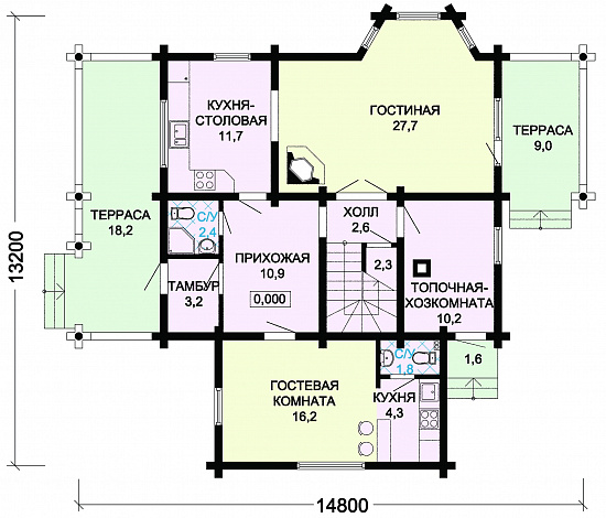 Проект деревянного дома из оцилиндрованного бревна / План 1 этажа