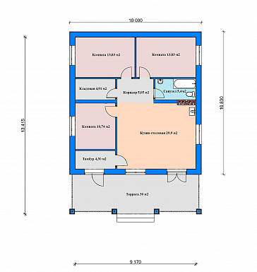 Проект дома из газобетона с террасой, кухней-столовой, кладовой / План 1 этажа Проект дома из газобетона с террасой, кухней-столовой, кладовой / План 1 этажа