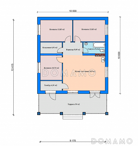 Проект дома из газобетона с террасой, кухней-столовой, кладовой / План 1 этажа Проект дома из газобетона с террасой, кухней-столовой, кладовой / План 1 этажа