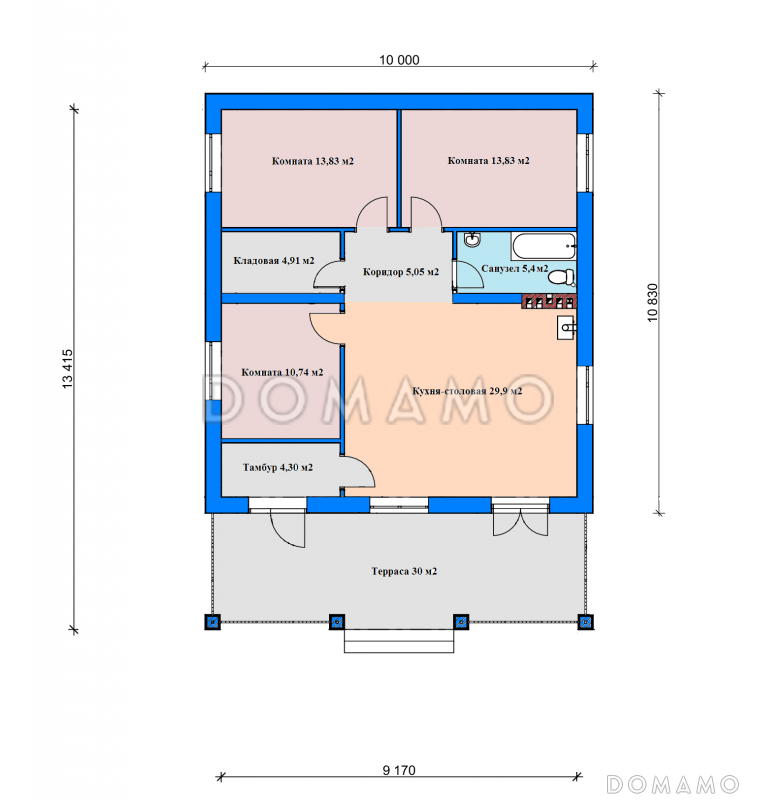 Проект дома из газобетона с террасой, кухней-столовой, кладовой / План 1 этажа