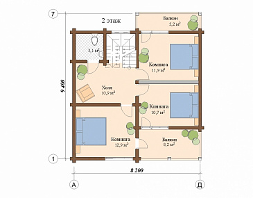 Проект дома из клееного бруса с мансардой и двумя балконами на втором этаже / План мансардного этажа Проект дома из клееного бруса с мансардой и двумя балконами на втором этаже / План мансардного этажа