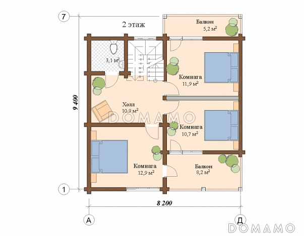Проект дома из клееного бруса с мансардой и двумя балконами на втором этаже / План мансардного этажа Проект дома из клееного бруса с мансардой и двумя балконами на втором этаже / План мансардного этажа