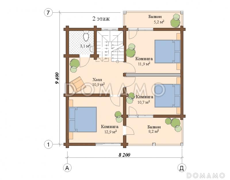 Проект дома из клееного бруса с мансардой и двумя балконами на втором этаже / План мансардного этажа