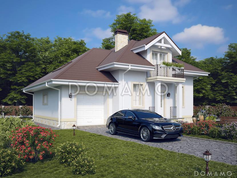 Проект мансардного дома из газобетона с 2 балконами, эркером и гаражом на 1 машину / 1