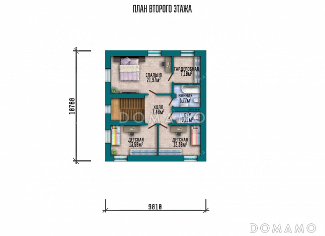 Проект двухэтажного дома с террасой, большой гостиной и гаражом / План 2 этажа