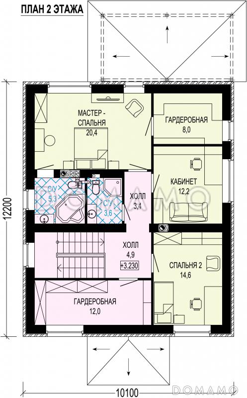 Проект дома из газобетона с мастер-спальней, кабинетом и террасой / План 2 этажа