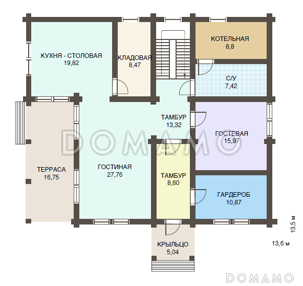 Проект двухэтажного дома из клееного бруса с пятью спальнями / План 1 этажа