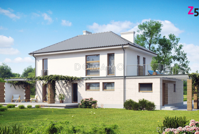 Проект двухэтажного дома из газобетона с четырьмя комнатами, гаражом и открытой террасой над ним