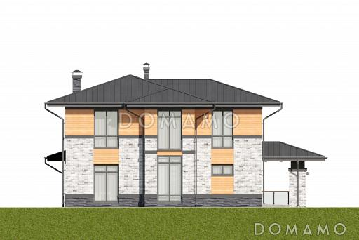 Проект дома с гаражом на 2 машины и навесом, сауной, террасой, кабинетом, детской / Фасад 2