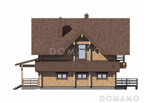 Проект двухэтажного деревянного дома с двумя террасами и гаражом на 1 автомобиль / Фасад 1