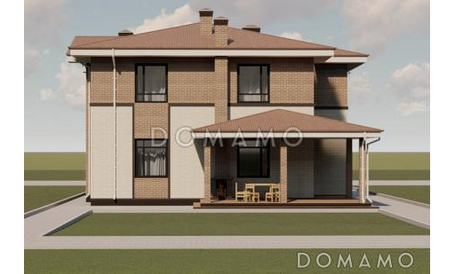 Проект двухэтажного дома из кирпича с двумя каминами на большой террасе и в гостиной / Фасад 3