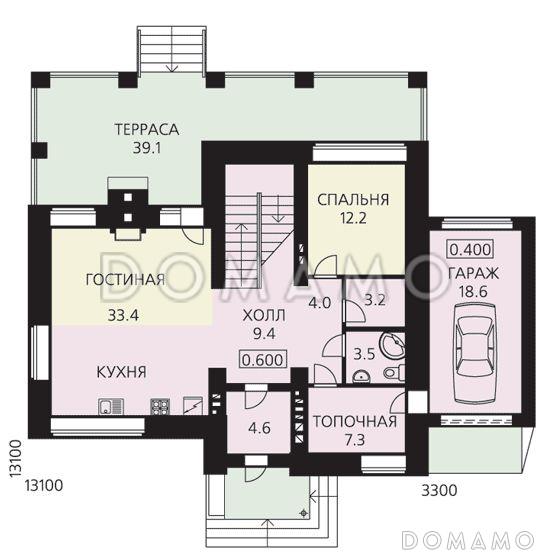 Проект двухэтажного дома из пеноблоков с гаражом и большой крытой террасой / План 1 этажа