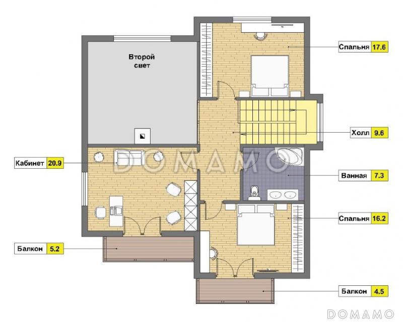 Проект каркасного горного шале с балюстрадой и навесом / План мансардного этажа