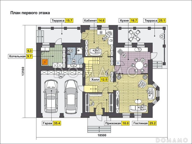 Проект загородного дома с эркером, с гаражом на две машины, двумя большими балконами и террасами / План 1 этажа