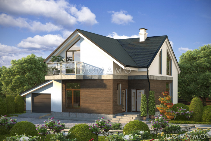 Проект современного дома с гаражом,  кладовой, террасой, балконами