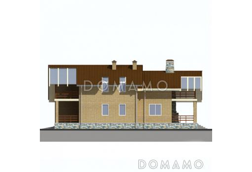 Проект дома из кирпича с экономичной двускатной крышей и навесом для автомобиля / Фасад 2