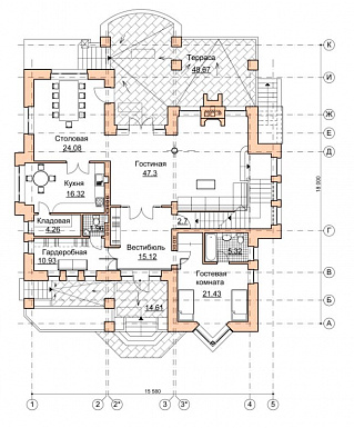 Проект коттеджа в стиле шале с двусветной гостиной / План 1 этажа Проект коттеджа в стиле шале с двусветной гостиной / План 1 этажа
