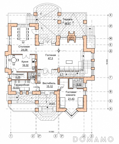 Проект коттеджа в стиле шале с двусветной гостиной / План 1 этажа Проект коттеджа в стиле шале с двусветной гостиной / План 1 этажа
