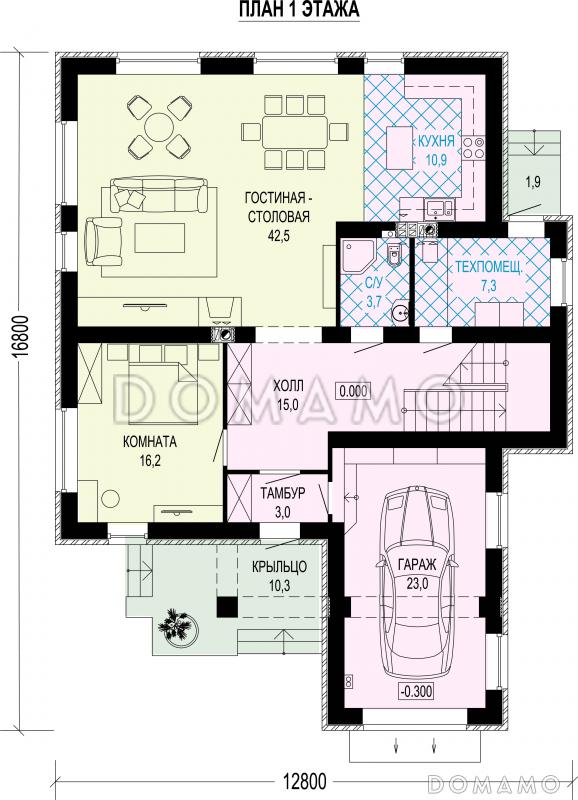 Проект двухэтажного дома с гаражом, комнатой на первом этаже, 3 спальнями и кабинетом / План 1 этажа