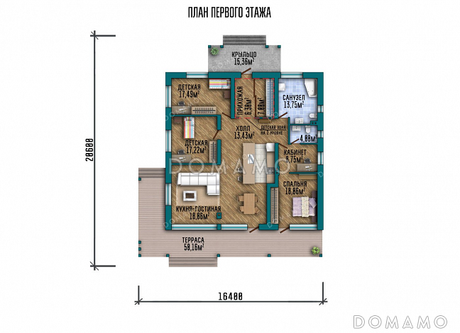 Проект одноэтажного дома с просторной террасой / План 1 этажа Проект одноэтажного дома с просторной террасой / План 1 этажа