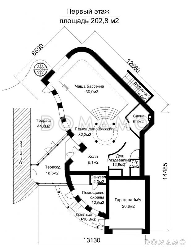 Проект современного бассейна со сложной формой  / План 1 этажа
