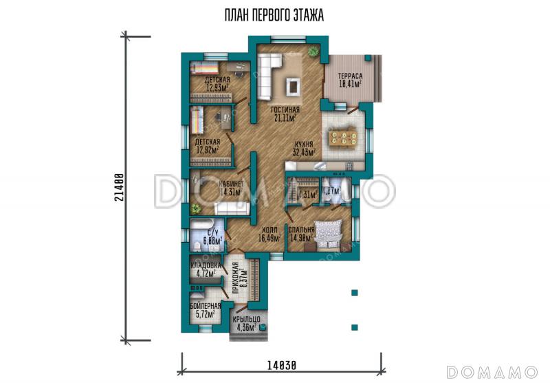 Проект одноэтажного дома с мастер-спальней, кабинетом и навесом для автомобиля / План 1 этажа