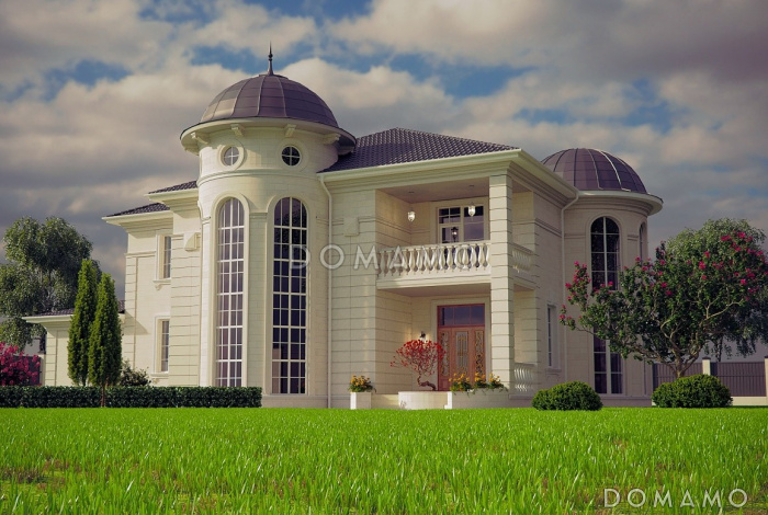 Проект двухэтажного дома в византийском стиле из газобетона с двумя круглыми эркерами и гаражом Проект двухэтажного дома в византийском стиле из газобетона с двумя круглыми эркерами и гаражом