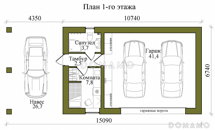 Проект газобетонного гаража с навесом на три машиноместа / План 1 этажа Проект газобетонного гаража с навесом на три машиноместа / План 1 этажа