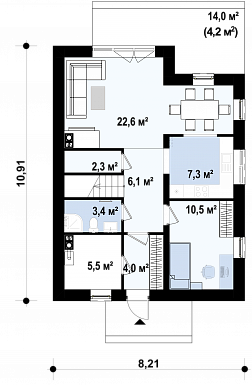 Проект компактного одноэтажного мансардного дома из кирпича с тремя спальнями и кабинетом / План 1 этажа Проект компактного одноэтажного мансардного дома из кирпича с тремя спальнями и кабинетом / План 1 этажа