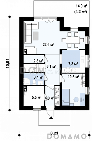 Проект компактного одноэтажного мансардного дома из кирпича с тремя спальнями и кабинетом / План 1 этажа Проект компактного одноэтажного мансардного дома из кирпича с тремя спальнями и кабинетом / План 1 этажа