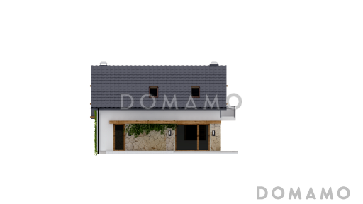 Проект одноэтажного мансардного дома из газобетона c отделкой фасадов облицовочным кирпичом, с кабинетом и тремя спальнями  / Фасад 3