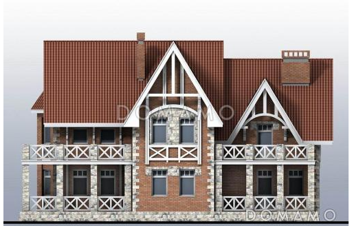 Загородный дом с двумя террасами, залом с бассейном, сауной, спортзалом на мансардном этаже / Фасад 4