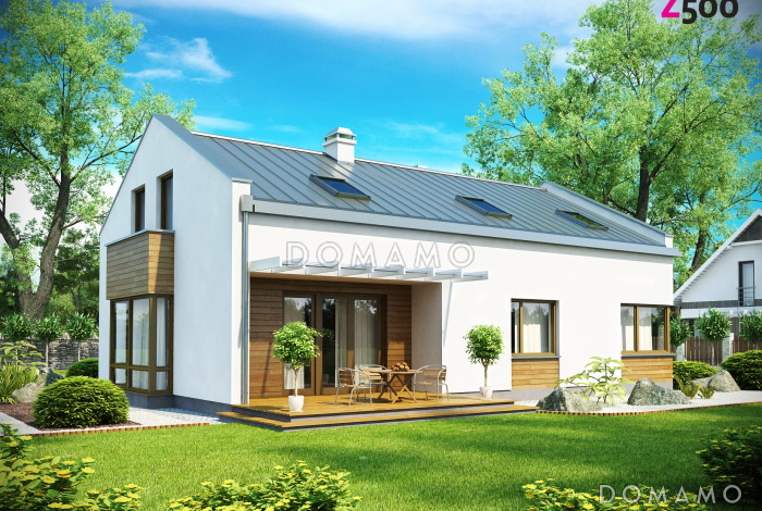 Проект просторного современного мансардного дома из газобетона с пятью комнатами, эркером и террасой над гаражом Проект просторного современного мансардного дома из газобетона с пятью комнатами, эркером и террасой над гаражом