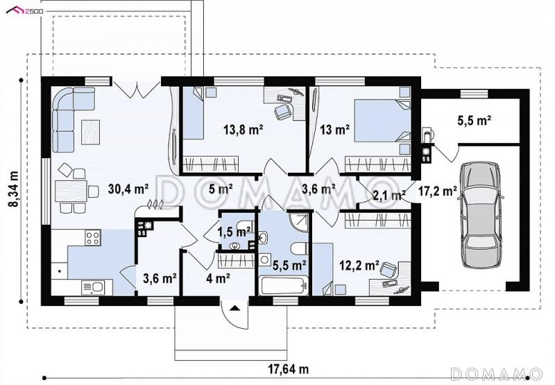 Проект классического одноэтажного дома из кирпича с тремя спальнями, светлой гостиной и гаражом / План 1 этажа