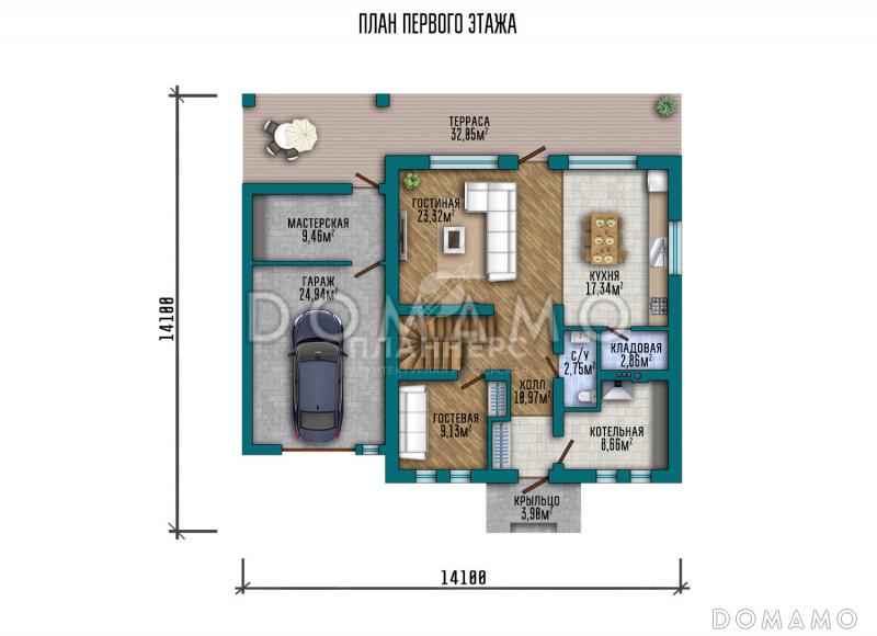 Проект двухэтажного дома с гаражом / План 1 этажа