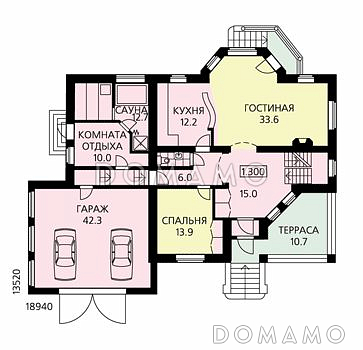Проект дома из пенобетона с изысканными фасадами, гаражом на две машины, небольшой сауной / План 1 этажа Проект дома из пенобетона с изысканными фасадами, гаражом на две машины, небольшой сауной / План 1 этажа
