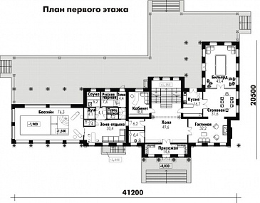 Проект классического дома с винным погребом, бассейном, тренажерным залом, бильярдной, сауной, турецкой и русской парной / План 1 этажа Проект классического дома с винным погребом, бассейном, тренажерным залом, бильярдной, сауной, турецкой и русской парной / План 1 этажа