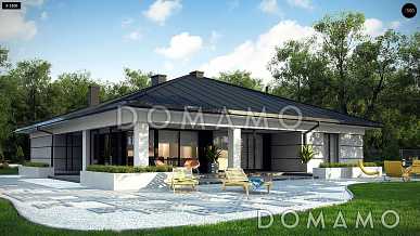 Проект одноэтажного дома с подвалом, гаражом на две машины, панорамным остеклением  гостиной Проект одноэтажного дома с подвалом, гаражом на две машины, панорамным остеклением  гостиной