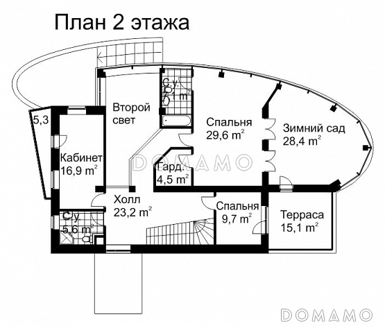 Проект современного дома из кирпича с панорамным остеклением / План 2 этажа Проект современного дома из кирпича с панорамным остеклением / План 2 этажа