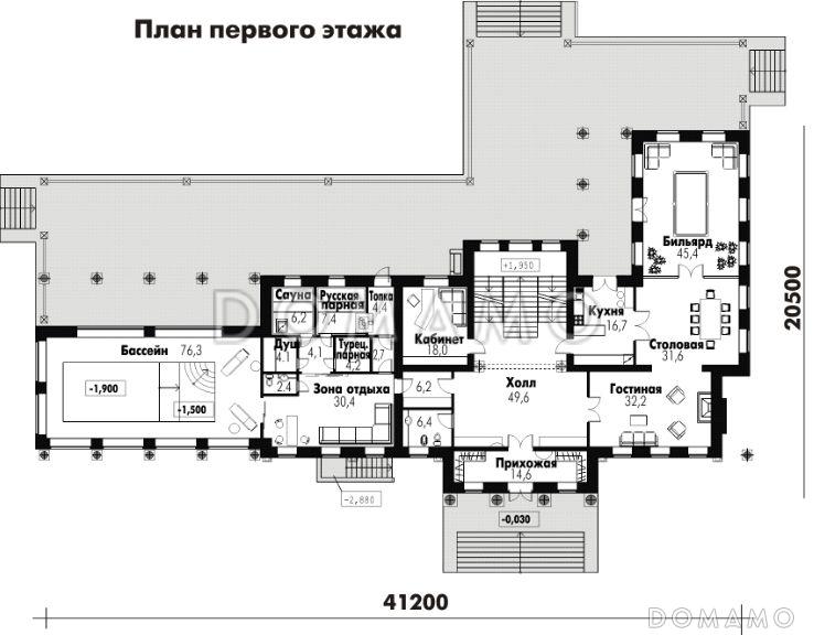 Проект классического дома с винным погребом, бассейном, тренажерным залом, бильярдной, сауной, турецкой и русской парной / План 1 этажа