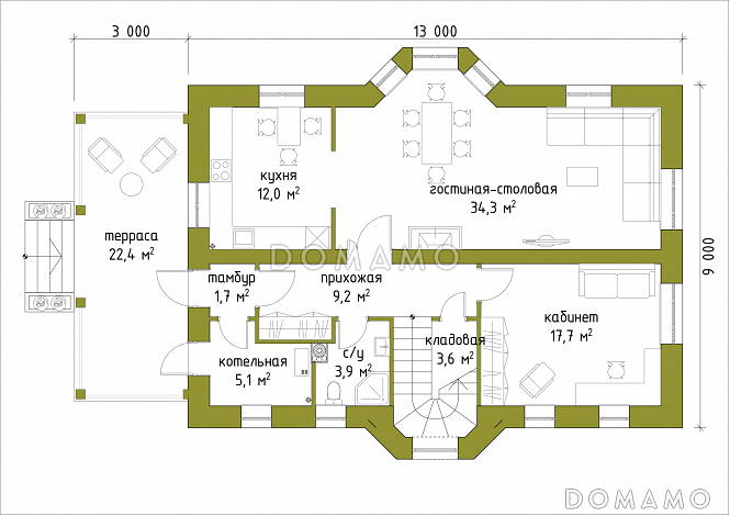 Проект коттеджа с эркером и французскими балконами. / План 1 этажа