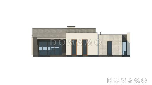 Проект современного одноэтажного дома из кирпича с плоской крышей с тремя спальнями, частично крытой террасой и одноместным гаражом / Фасад 4