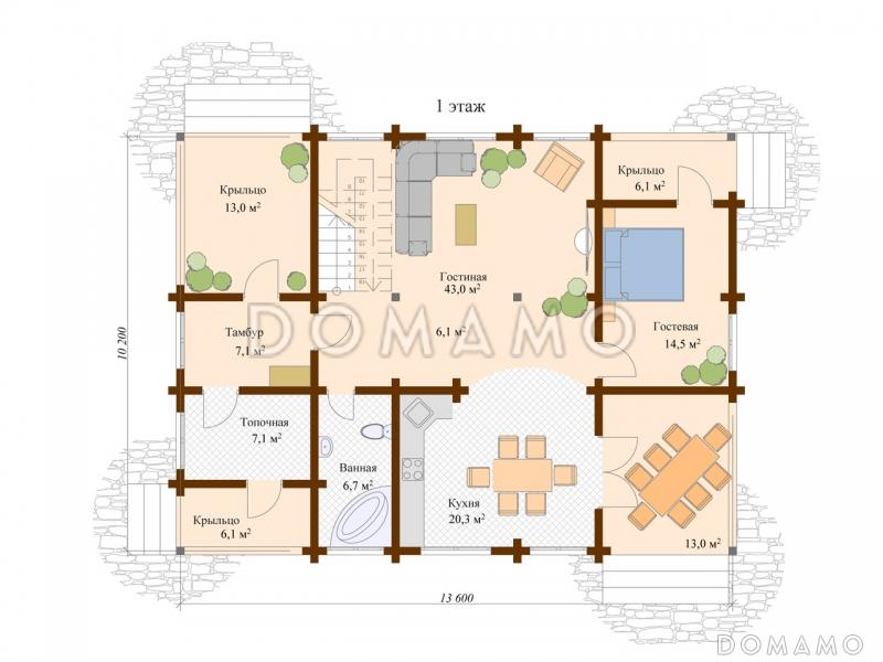 Проект дома из клееного бруса с мансардой / План 1 этажа