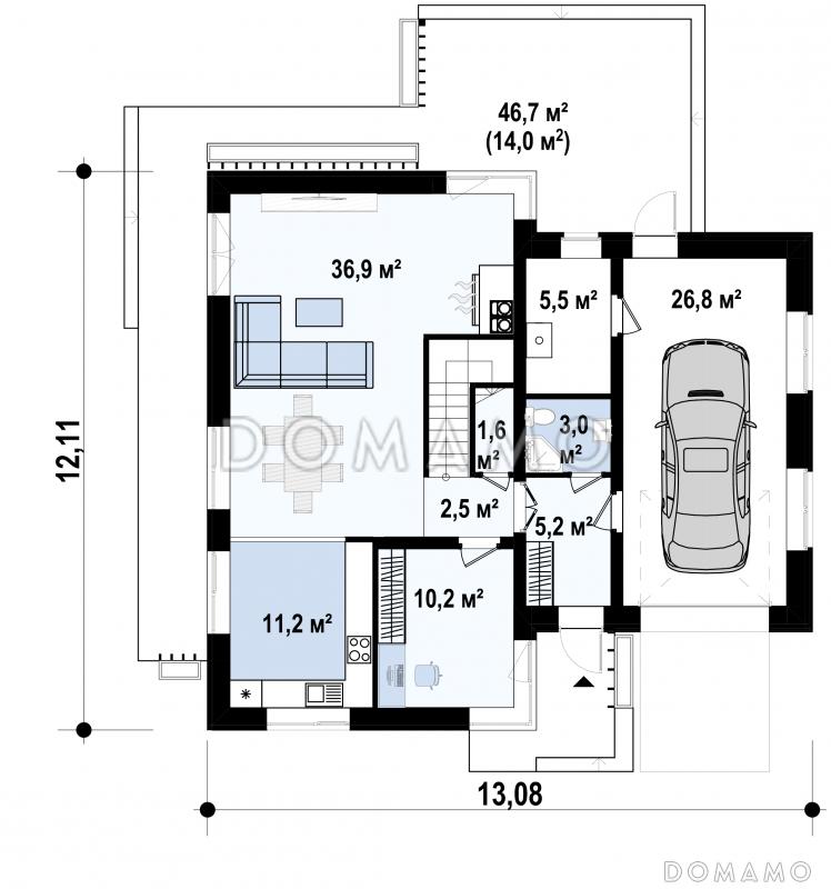 Проект двухэтажного дома с гаражом и террасой над ним, кухней с двумя окнами, кладовой / План 1 этажа