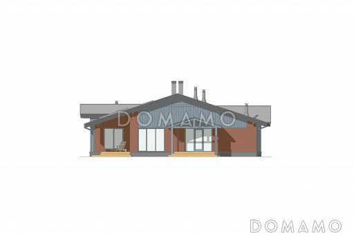 Проект каркасного одноэтажного дома с 3 спальнями, хамамом, верандой-барбекю, крытой и открытой террасами / Фасад 4