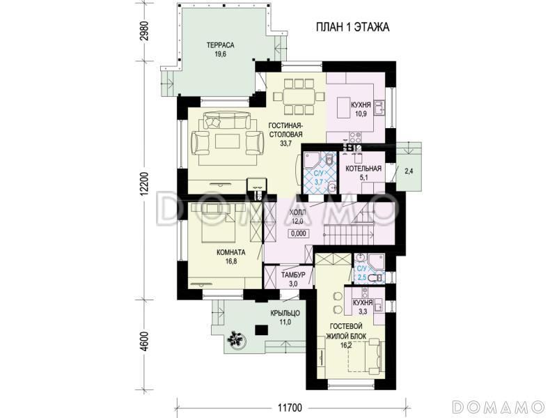 Проект двухэтажного загородного дома с террасой, гостевым блоком с кухней и санузлом, кабинетом / План 1 этажа