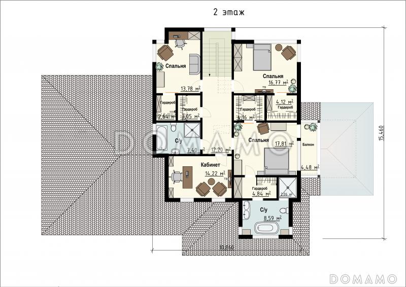 Проект загородного дома с гаражом, гостевой, террасой, кабинетом, балконом / План 2 этажа